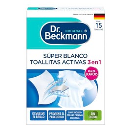 Dr. Beckmann, Súper Blanco Toallitas Activas, Evita el Percudido, Combate Manchas Grises y Amarillas, Telas Blancas, Sin Cloro, Calidad Alemana, 1 Caja con 15 Toallitas