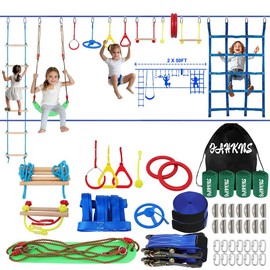 Ninja Warrior Obstacle Course Kids - 2 x 65ft Double Slacklines -Plenty of Exciting Obstacle Net Net Rope Ladder Monkey Bars - Ninja Course for Kids Outside, Kids Obstacle Course Backyard - SIZE: 50FT (double rope version)