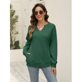 EADINVE Womens Casual Sweatshirts Long Sleeve V Neck Fleece Pullover Side With Pocket Cute Loose Fit Fall Tops 2025 Green