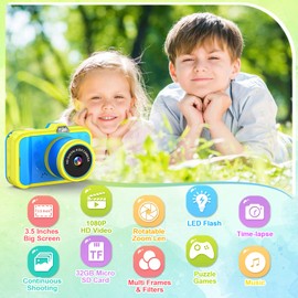 Ushining Children's Camera, 3.5 Inch Large Screen Children's Camera with 360° Rotating Zoom Lens LED Flash 1080P Selfie Digital Camera Children with 32GB Card Camera Children Photo Camera Children for