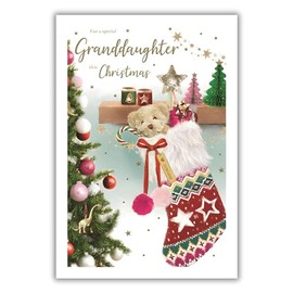 Granddaughter Christmas Card - Special Granddaughter - Teddy Bear Stocking - Artistic Festive Design - Special Finishes and Illustrated Insert Leaf - Made in the UK