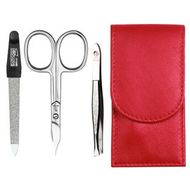 Sonnenschein by Hans Kniebes Manicure Set 3-Piece Red - Nail Care Set Stainless Steel - Nail Scissors, File & Tweezers - Genuine Nappa Lambskin Case - Travel Manicure Set Compact