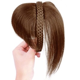 ICRAB 10" Women Human Hair Braided Headband Hairpiece Natural Looking Hairband Braids Human Hair Topper with Bangs Twist Braid Clip in Human Hair Extension Light Brown