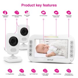 AXVUE Video Baby Monitor, Comfortable Slim Design Handheld Enclosure, 5.0" Screen Monitor & 2 Camera, Range up to 1000ft, 8 Hour Battery Life, 2-Way Talk, Night Vision, Temperature Monitor, No WiFi.