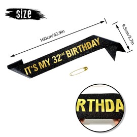 FXPATYY It's My 32nd Birthday Sash for Men Women, Black Glitter Sash with Gold Foil