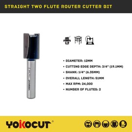 YOKOCUT Straight Two Flute Router Cutter Bit, 1/4 Inch Shank, 12mm Cut Diameter & 19mm Cut Length, Tungsten Carbide Tipped Router Bit (Straight Two Flutes 12MM DIA - 19MM CUT - 1/4 SHANK)