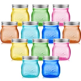 Tessco 12 Pcs 8 oz Colored Mason Jars with Lids Glass Regular Mouth Canning Jar Pint Mason Multifunction Glass Container for Storage, Pickling, Preserving, DIY Crafts, Decor Can Not Allowed Dishwasher