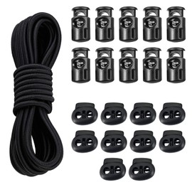 Trimming Shop 4mm Elastic Bungee Shock Cord 10 Metres Lengths, 10pcs Single Hole & 10pcs Double Hole (Black) Toggle Stopper Spring Loaded Cord Locks For DIY Craft Projects