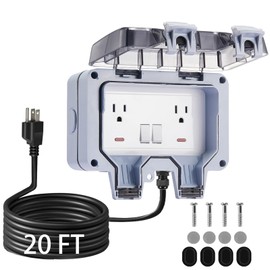 Toptozl Outdoor Electrical Outlet Box with Switch & 20ft Extension Cord, NEMA 5-15R Outdoor Power Strip Weatherproof, STW 14 AWG, IP66 Waterproof Wall Power Socket with Cover, 2 Inch Deep, WRTR