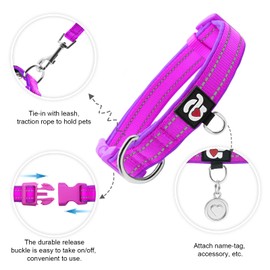 azuza Reflective Dog Collar,Soft Neoprene Padded Pet Collar with ID Tag Ring,Adjustable for Small Dogs,Purple,S