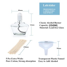 Classic Style Alcohol Burner Lamp Glass Bunsen Burners Lab Equipment Heating 250ml with 5 Free Replacement 6inch Wicks and Funnel