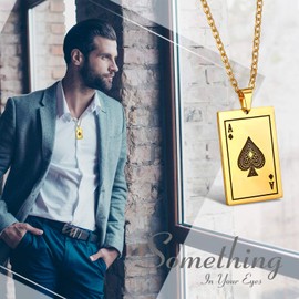 Flongo Men's Leather Bracelet, Men's Chain, Men's Pendant Necklace with Ace of Spades Playing Card, Royal Flush Poker Cards, Black / Brown, Stainless Steel