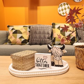 Hrastany Oval Wood Serving Tray with Wooden Beads, Outdoor Farmhouse Decorative Tray for Ottoman, Coffee Table, Kitchen Counter Organizer, Home Decor(White)