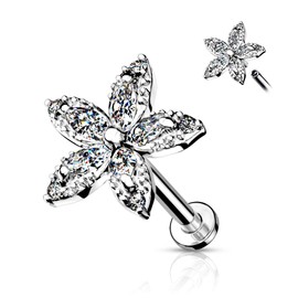 PiercedOff 316L Surgical Steel Labret with Marquise Clear CZ Flower - Length 6mm Width 1.2mm