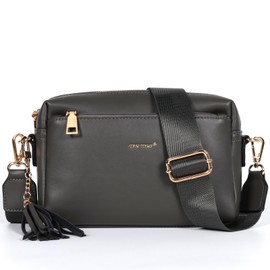 TAN.TOMI Women's Shoulder Bag, Women's Handbag, Crossbody Bag, Wide Shoulder Strap, Small Shoulder Bag for Three Zip Compartments, Women's Bag for Daily Work, Shopping, Travel, darkgray