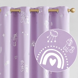 jinchan Purple Blackout Unicorn Curtains for Girls Kids Room Thermal Insulated Room Darkening Rainbow Curtains for Girls Bedroom Silver Foil Printed Grommet 84 Inches Long Purple Lilac 2 Panels