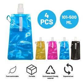 Pack of 4 Foldable Water Bottles, 500 ml, Foldable Water Bottles for Outdoor Sports, Foldable Bottle with 500 ml Capacity, PP Material in Purple, Blue, Orange and Black