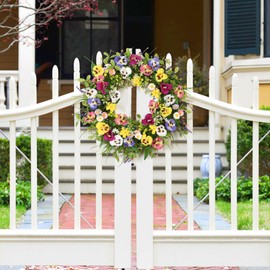 Betylifoy Spring Door Wreath for Front Door Artificial Wreath Pansy Flower Artificial Green Wreath Large Colorful Spring Summer Wreath for Door Window Wall Decor
