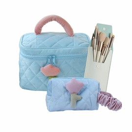 CRYSTALHOME 3Pcs Cotton Quilted Makeup Bag Coquette Makeup Bag Large Travel Cosmetic Bag Aesthetic Cute Kawaii Cherry Makeup Bag Toiletry Bags Coin Purse for Women Girls (Blue)