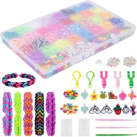 Kit para Hacer Pulseras de Ligas con Caja - 2500 Pzs Bandas Elásticas de Colores Arcoíris con Dijes de Dibujos Animados, Cuentas de Letras y Ganchos, Set de Manualidades Creativas para Niños DIY