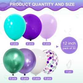 Mermaid Party Balloons, Ousuga 30 pcs 12 Inch Matte Pastel Dark Purple Teal White Metallic Green Confetti Latex Balloons Set for Girls Princess Mermaid Theme Birthday Baby Shower Wedding Party Decors