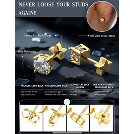 Moissanite Earrings Studs 16K Gold Plated S925 Sterling Silver Flat Back Earrings for Women Men Double Sided Star Cartilage Earring Stacks Helix Piercing Moissanite Jewelry D Color VVS1 1.8 CT