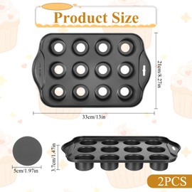 JJUNW 2 Pack 12 Cavity Mini Cheesecake Pan, 13" x 8" Mini Muffin Baking Pan with Removable Bottom Cupcake Molds Nonslip Anti Heat Nonstick Carbon Steel Muffin Mold Baking Molds Round