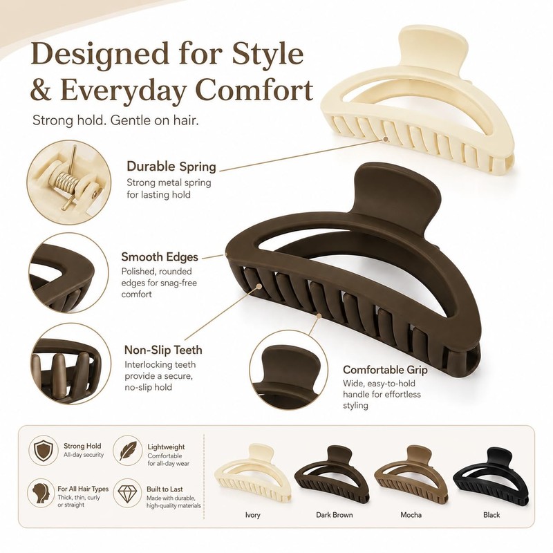 4 Pcs Hollowed Out Curved Shark Hair Clips, Non-Slip With