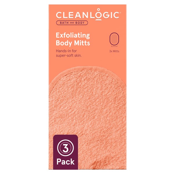 Cleanlogic Bath & Body Exfoliating Body Mitts, Assorted Colours, Removes Dry & Dead Skin Cells, Includes An Elastic Wristband To Secure Around Wrist, Vegan-Friendly - Pack of 3