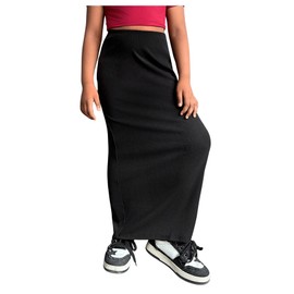 OYOANGLE Girl's Elastic High Waist Maxi Pencil Skirt Split Back Bodycon Knitted Long Skirts Black 11Y