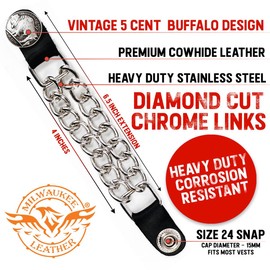 Milwaukee Leather 5 Cent Buffalo Medallion Vest Extender - Double Chrome Chains Genuine Leather 6.5" Extension 4-PCS MLA6009SET - 4 Inch