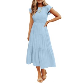 ZESICA Women's 2024 Summer Casual Flutter Short Sleeve Crew Neck Smocked Elastic Waist Tiered Midi Dress,Blue,Medium