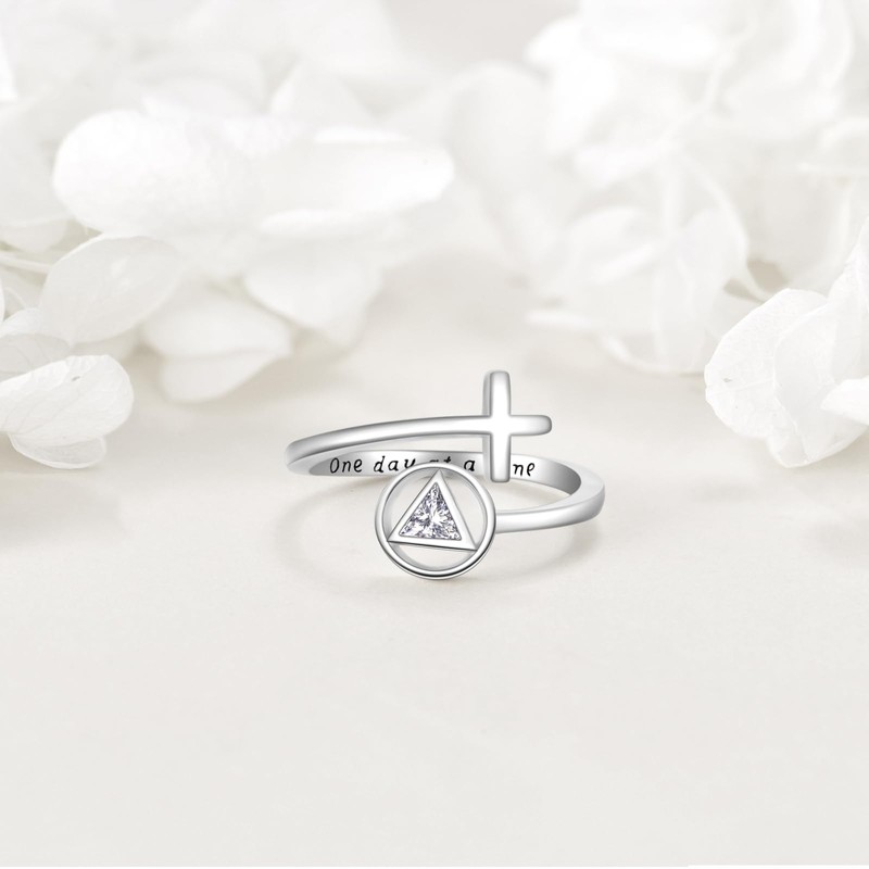 HUKKUN Alcoholics Anonymous Recovery Ring Sterling Silver Cross AA One
