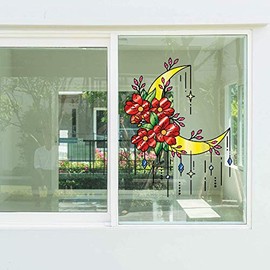 Moon Flower Flowers Roses Vinyl Stained Glass Film Static Cling Window Waterproof Decal for Girls Boys Kids Room Bedroom Nursery House Fun Home Decor Stickers Wall Art Vinyl Decoration (5x3 inch)