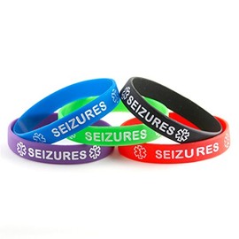 Seizures ID Bracelet Wristband Combo - 5 Pack - 7 Inches - Youth - Black Blue Green Red Purple