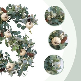 Egolot 70 Inch Fall White Pumpkin Green Leaves Garland for Front Door, Fall Green Leaves Garland with Berries Pinecone Pumpkin for Indoor Outdoor, Fall Home Decor