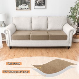 NAISI Waterproof Couch Cushion Covers Thick Velvet Fabric Washable Sofa Slipcovers 3 Pieces Individual Sectional Couch Covers with Elastic Bottom(3 Pcs for 3-Seat or Backrest,Sand)