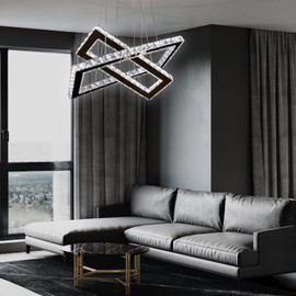 Dimmable Crystal Chandelier, Modern Rectangular 2 Ring LED Pendant Light with Remote & App Control, 20.5"+17" Adjustable Hanging Height, 3 CCT 2500K/4500K/6500K, Kitchen Island Dining Room