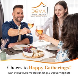 DEVA Home Design Chip and Dip Serving Set | Rotating Bamboo Lazy Susan Appetizer Tray with Black Handles | White Ceramic Bowls with Bamboo Lids | Divided Round Party Platter | Giftable