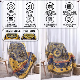 CaptainRay Boho Woven Throw Blanket Reversible Cotton Bohemian Tapestry Hippie Room Decor Witchy Astrology Zodiac Celestial Constellation Carpet Bed Chair Couch Sofa Cover Double Sided