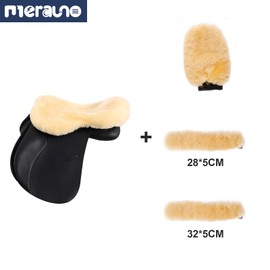Merauno® Lambswool Riding Gifts Set of 4-1x Lambswool Saddle Seat Cover, 1x Lambskin Neck Protector (32 x 5 cm and 28 x 5 cm), 1x Lambswool Cleaning Glove Made of Merino Lambswool, Colour: Natural