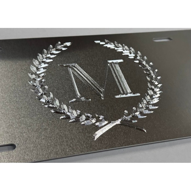 Silver Monogram Crest Car Tag Diamond Etched Engraved .040 Aluminum