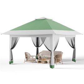 Pop Up Gazebo 13x13FT Canopy Tent with Mosquito Netting, Outdoor Patio Gazebo with 3 Adjustable Heights, Tent Shelter Quick Setup Backyard Tent for Party,Wedding (Green+Light Grey)