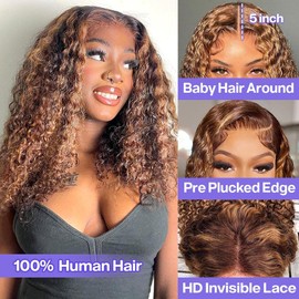 omswet #4/27 Highlight 5x5 HD Lace Deep Wave Closure Wig Human Hair Colored Wigs for Black Women Ready To Go Glueless Wigs Human Hair Pre Plucked Wet and Wavy Wig 180 Density 18 Inch Curly BOB Wig