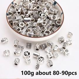 HERZWILD 100g Big Hole Beads Tibetan Spacer Beads Silver Alloy Metal Beads for DIY Bracelets Necklace Jewelry Mix Style