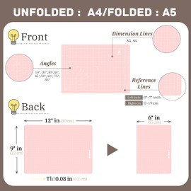 iMAT Flip Cutting Mat_Note A4 (inch version), 9"X12", Foldable, Front: Inch grid, Back: cm dots, Suitable for Crafts, Hand-drawn Illustrations, Washi Tape Collage, Hand-engraved Seals (Rose Pink)