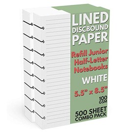 Discbound Half-Letter Size Lined Paper Refill, 500 Sheets (1,000 Pages), 5.5 in. x 8.5 in, 100 GSM, Junior Size 8 Disc Notebooks