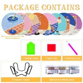 8Pcs Cocktail Diamond Painting Coasters with Holder, DIY Cocktail Diamond Art Coasters for Adults Kids Beginners, Round Full Drill Crafts for Tabletop Protection and Gifts