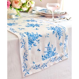 Solino Home Blue Spring Floral Table Runner 48 inch - 100% Pure Linen Table Runner 14 x 48 Inch for Easter, Mothers Day, Summer - Handcrafted and Machine Washable - Jolie Fleur Print