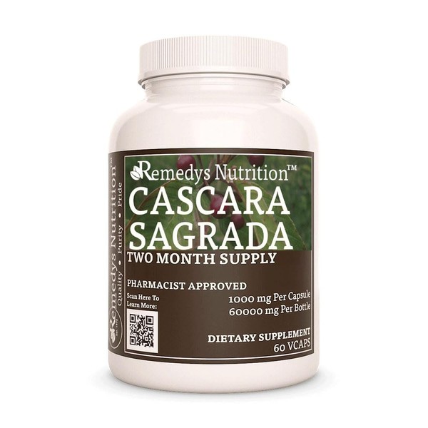 Remedy's nutrition Cascara Sagrada 1,000mg Vegan Capsules Herbal Supplement - Non-GMO, Gluten Free, Dairy Free - Two Month Supply (60 Count)